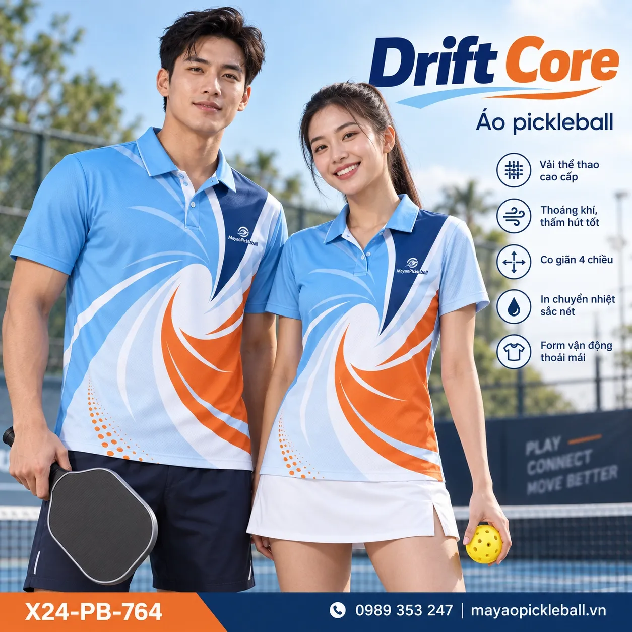 Mẫu áo pickleball Drift Core phối xanh da trời, cam cháy, trắng, xanh navy, tùy chỉnh logo và tên số cho đội.