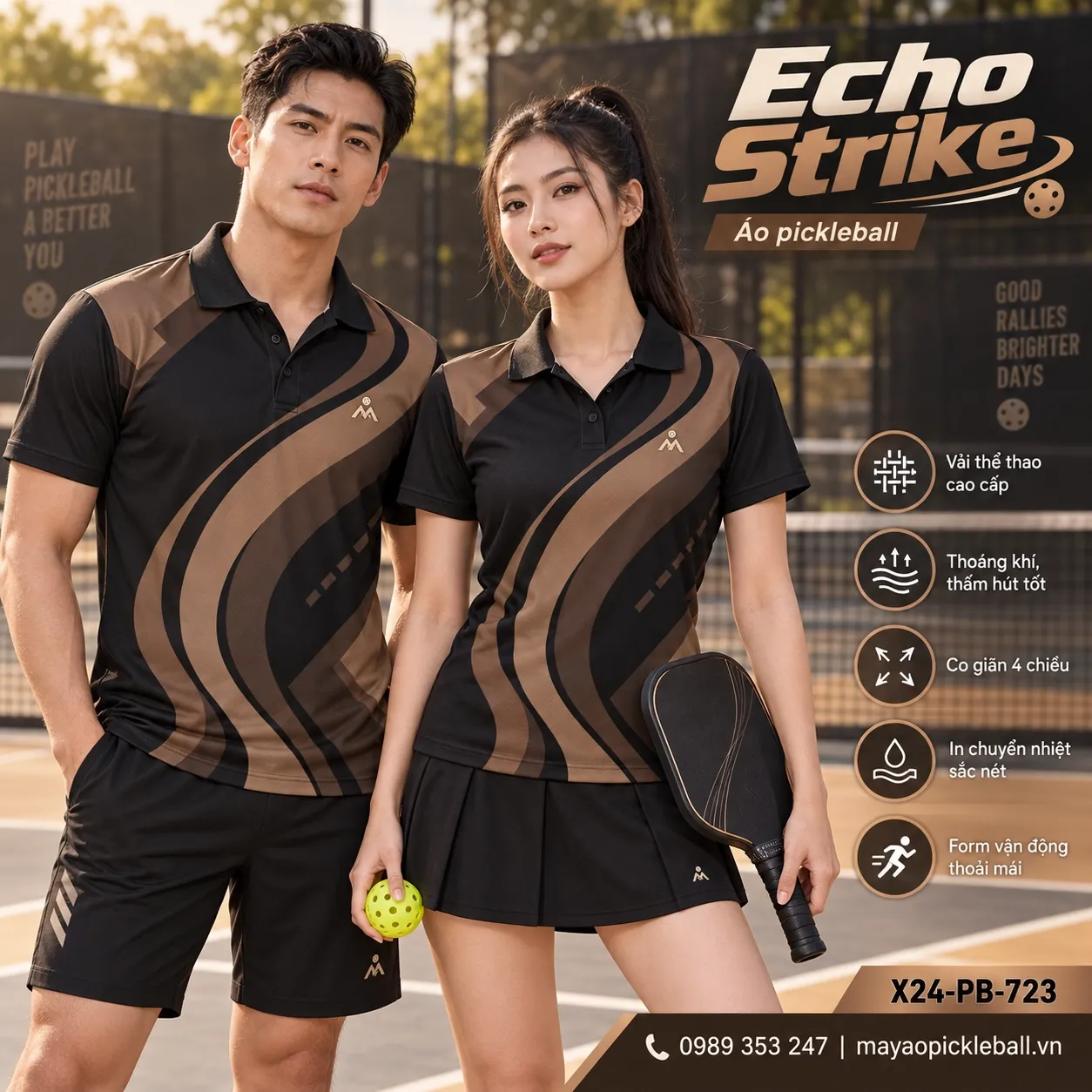 Mẫu áo pickleball Echo Strike phối đen, nâu cacao, tùy chỉnh logo và tên số cho đội.