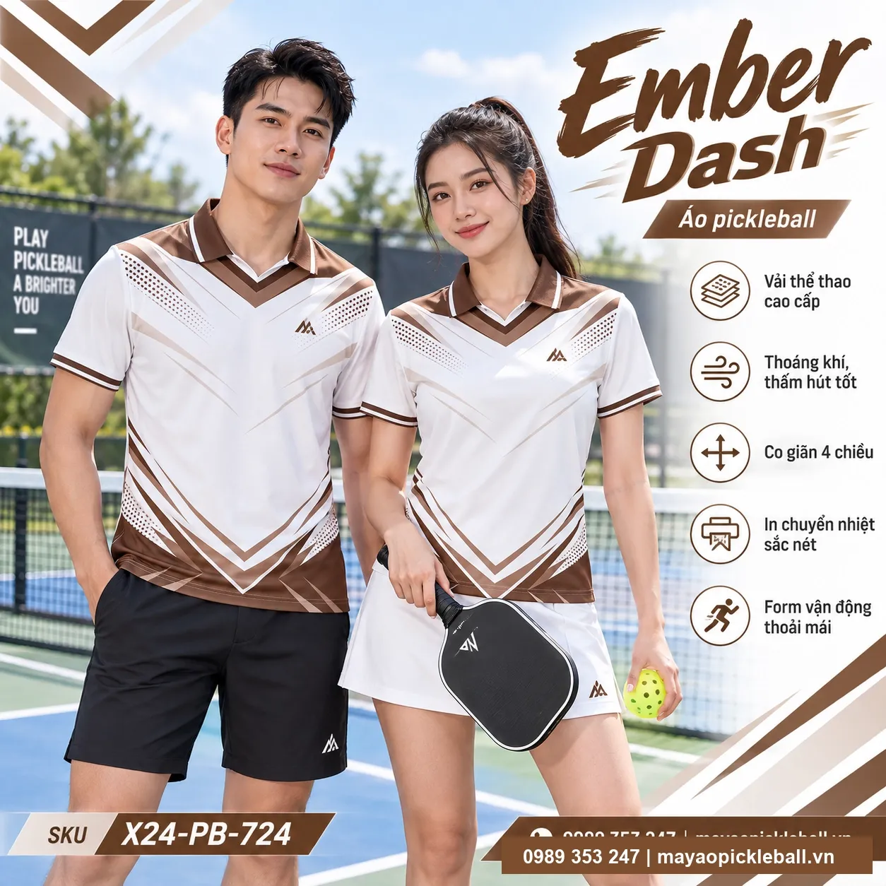 Mẫu áo pickleball Ember Dash phối trắng, nâu cacao, tùy chỉnh logo và tên số cho đội.