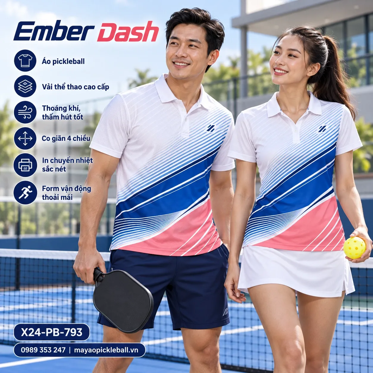 Mẫu áo pickleball Ember Dash phối trắng ngọc trai, xanh cobalt, xanh navy, hồng phấn, tùy chỉnh logo và tên số cho đội.