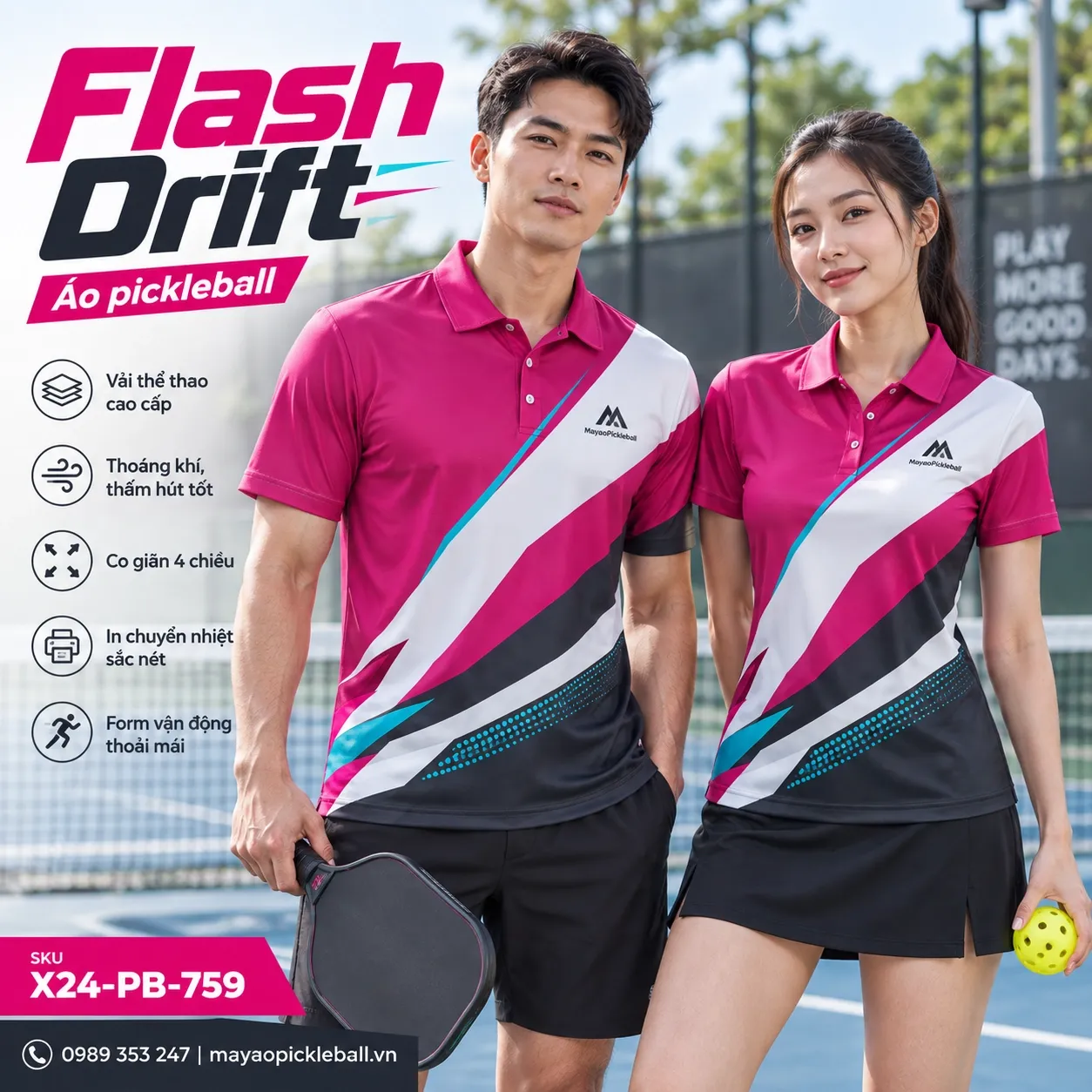 Mẫu áo pickleball Flash Drift phối hồng magenta, trắng, xám than, xanh cyan, tùy chỉnh logo và tên số cho đội.
