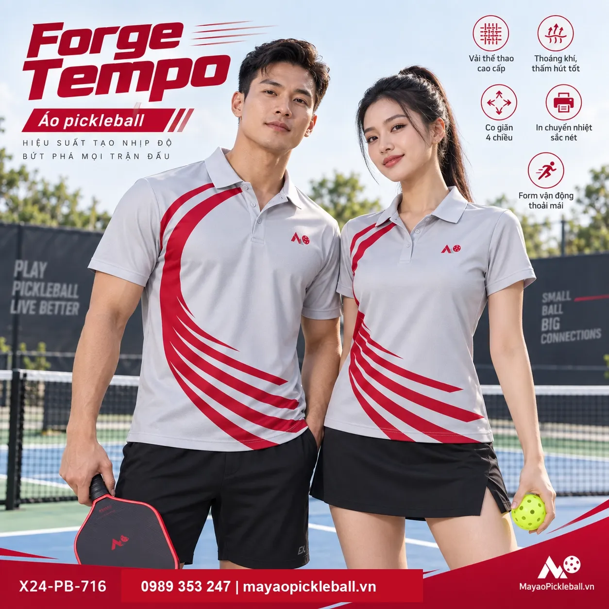 Mẫu áo pickleball Forge Tempo phối xám bạc, đỏ crimson, tùy chỉnh logo và tên số cho đội.