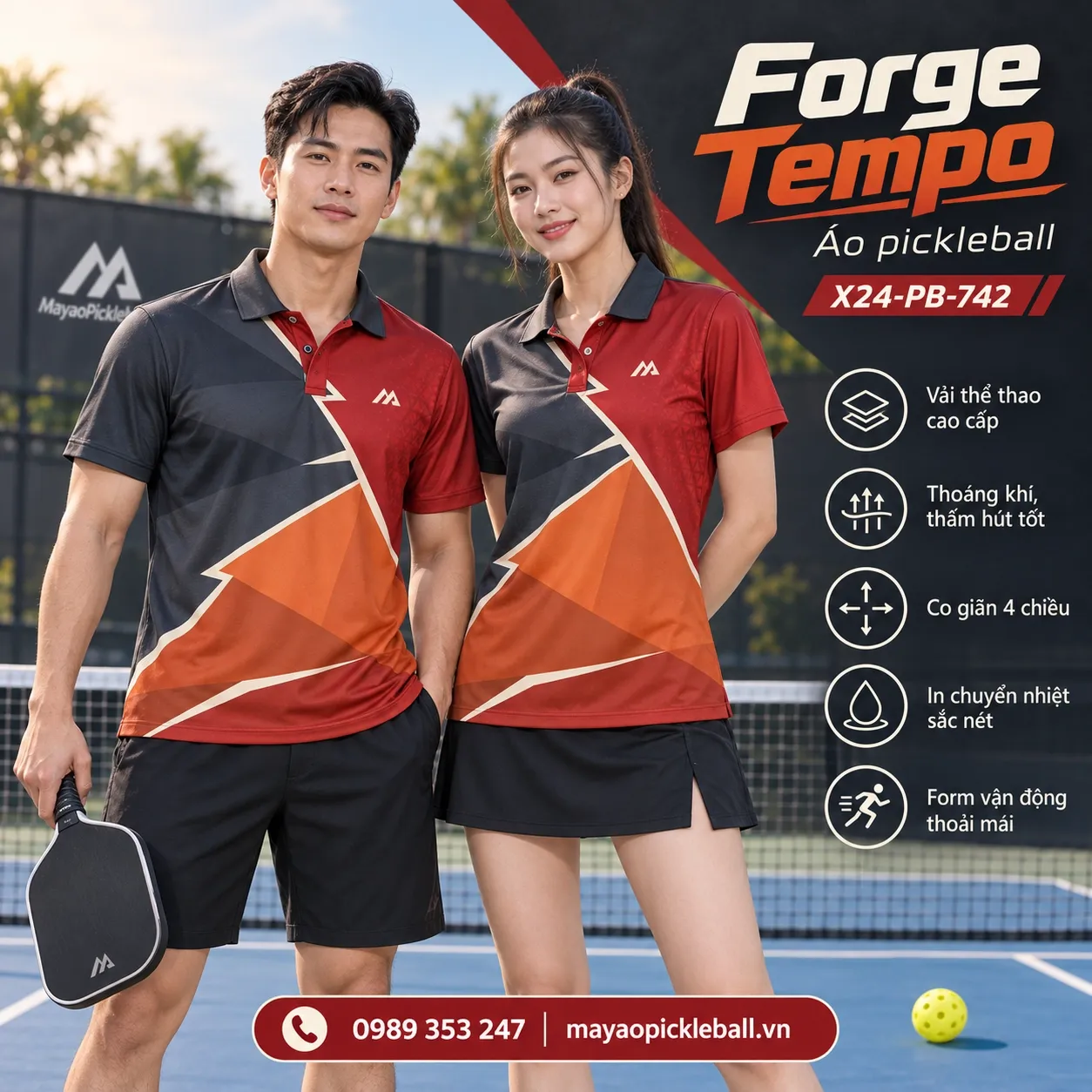Mẫu áo pickleball Forge Tempo phối xám than, cam cháy, đỏ đậm, kem, tùy chỉnh logo và tên số cho đội.