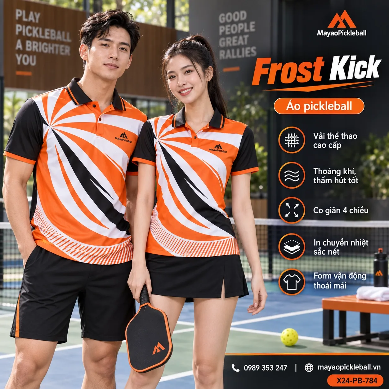 Mẫu áo pickleball Frost Kick phối đen, cam orange, tùy chỉnh logo và tên số cho đội.