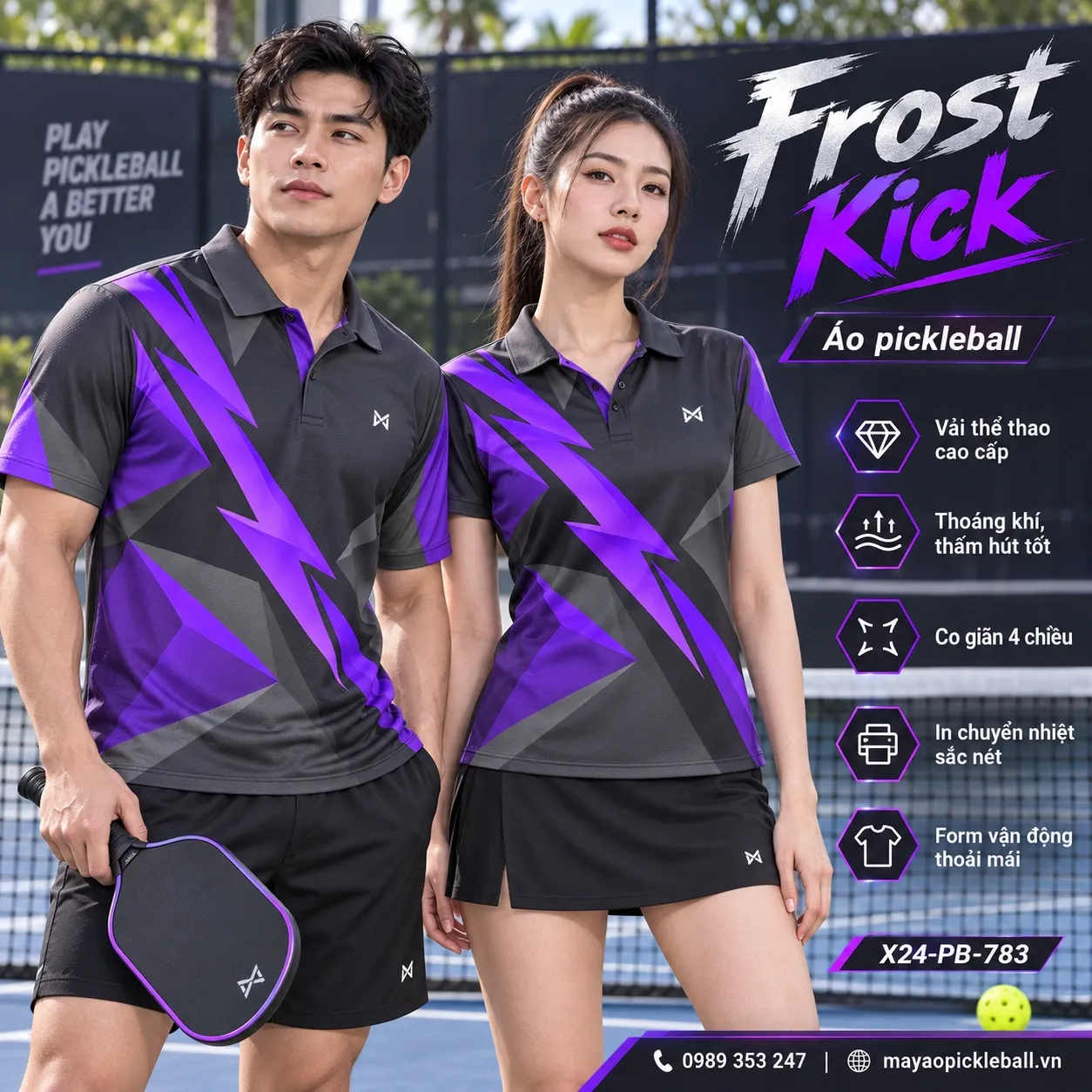 Mẫu áo pickleball Frost Kick phối xám graphite, tím điện, tùy chỉnh logo và tên số cho đội.