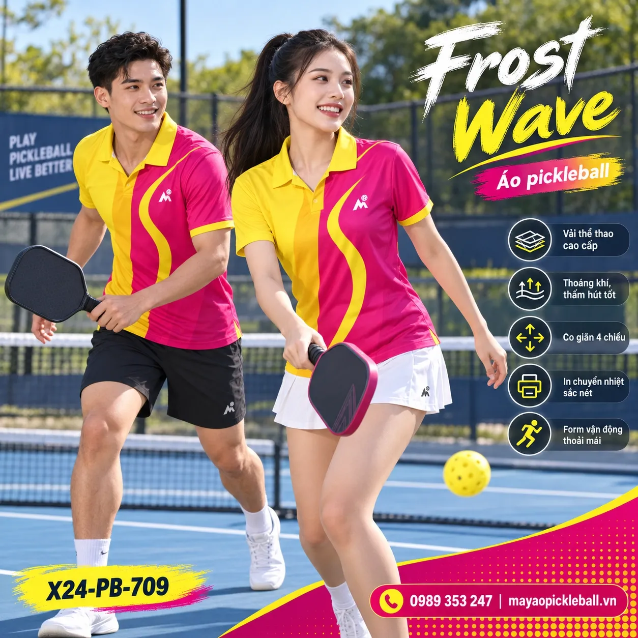 Mẫu áo pickleball Frost Wave phối hồng magenta, vàng, tùy chỉnh logo và tên số cho đội.