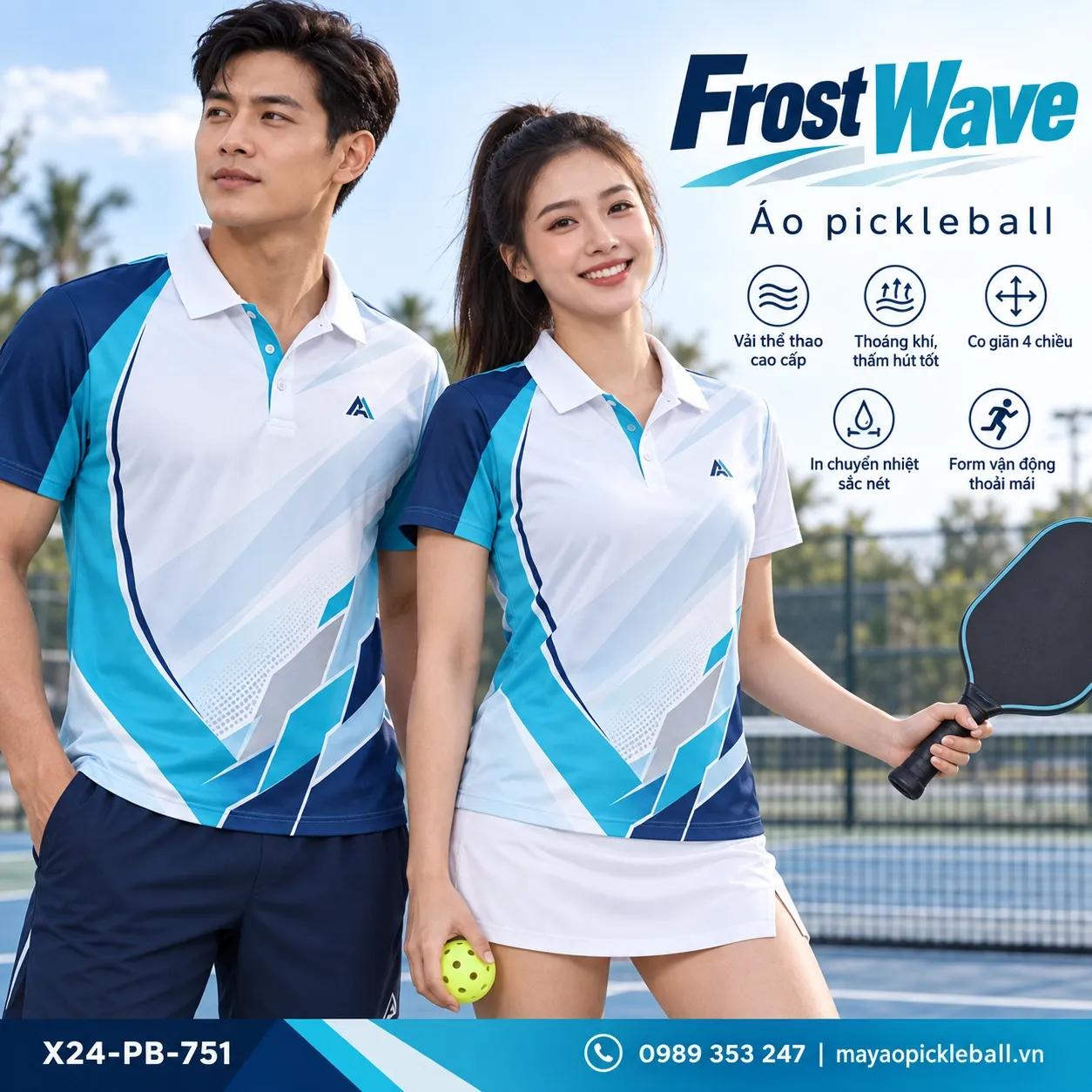 Mẫu áo pickleball Frost Wave phối trắng băng, xanh cyan, xanh navy, bạc, tùy chỉnh logo và tên số cho đội.
