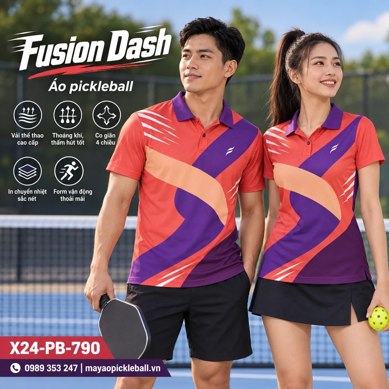Mẫu áo pickleball Fusion Dash phối đỏ san hô, tím đậm, hồng đào, tím mận, trắng, tùy chỉnh logo và tên số cho đội.