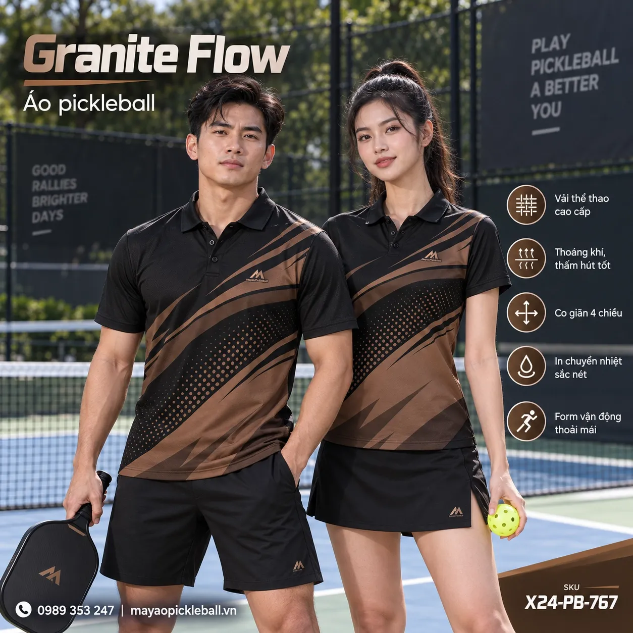 Mẫu áo pickleball Granite Flow phối đen, nâu cacao, tùy chỉnh logo và tên số cho đội.