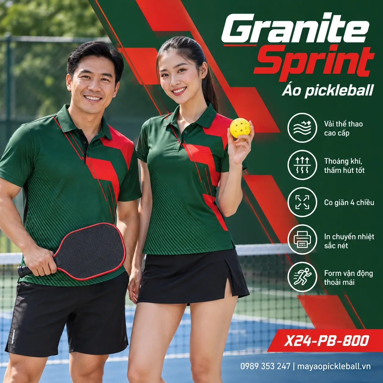 Mẫu áo pickleball Granite Sprint phối xanh rừng, đỏ vermilion, tùy chỉnh logo và tên số cho đội.