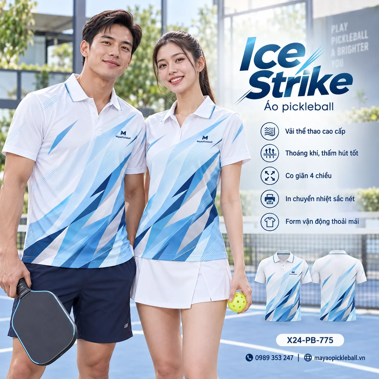 Mẫu áo pickleball Ice Strike phối trắng, lam phấn, chàm, bạc, tùy chỉnh logo và tên số cho đội.
