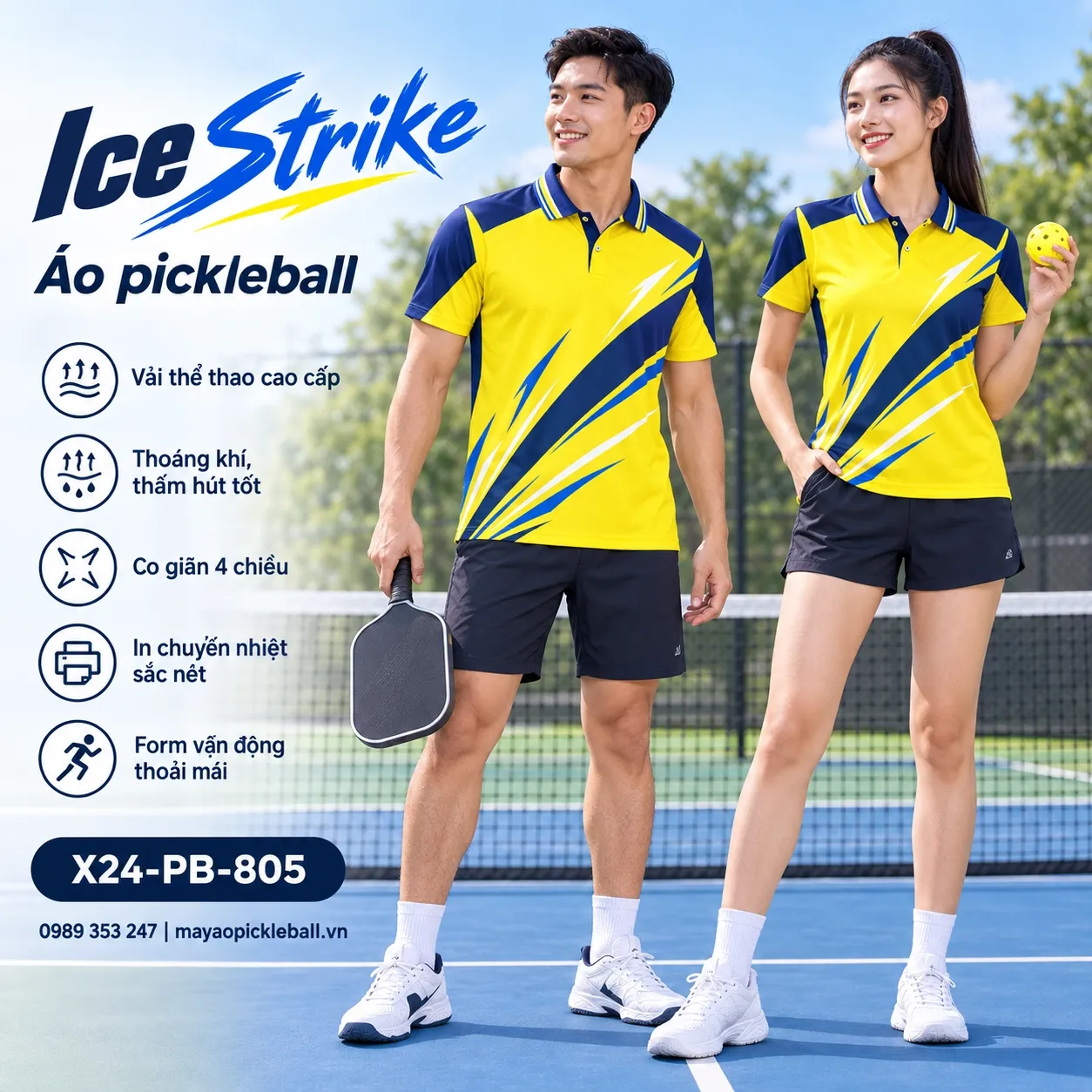 Mẫu áo pickleball Ice Strike phối vàng tươi, xanh navy, xanh royal, trắng, tùy chỉnh logo và tên số cho đội.