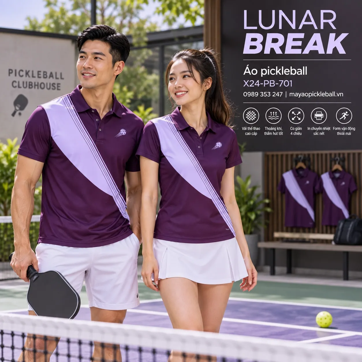 Mẫu áo pickleball Lunar Break phối tím than, xám tím, tùy chỉnh logo và tên số cho đội.