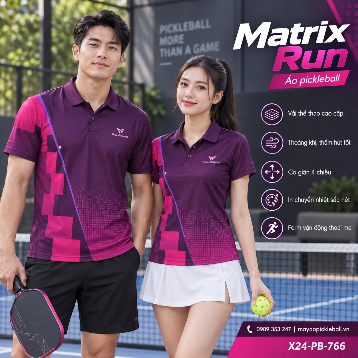 Mẫu áo pickleball Matrix Run phối tím mận, hồng magenta, tím violet, tùy chỉnh logo và tên số cho đội.