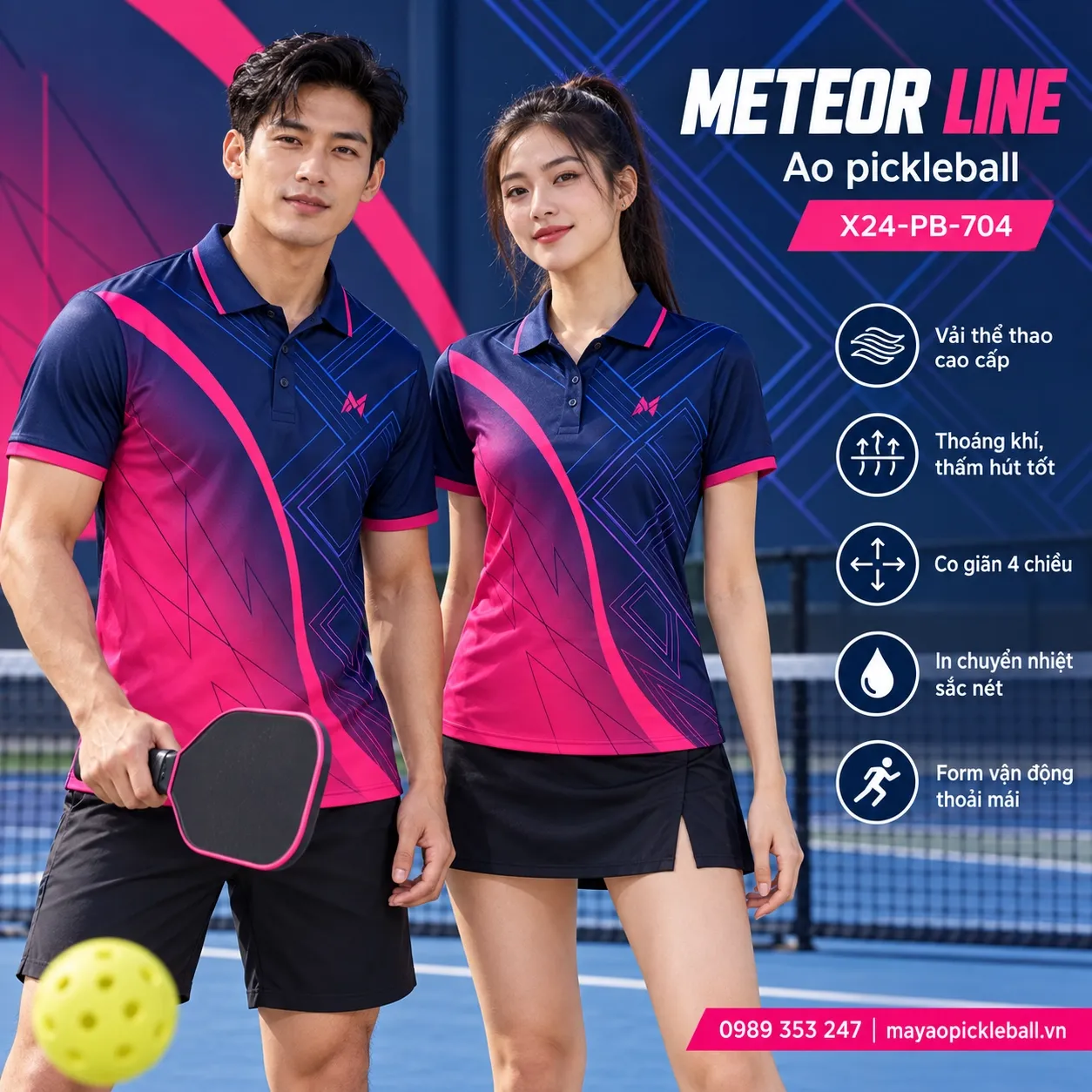 Mẫu áo pickleball Meteor Line phối xanh navy, hồng, tùy chỉnh logo và tên số cho đội.