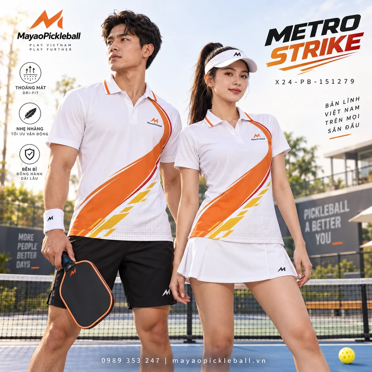 Mẫu áo pickleball Metro Strike phối trắng, cam cháy, đỏ crimson, vàng mustard, tùy chỉnh logo và tên số cho đội.