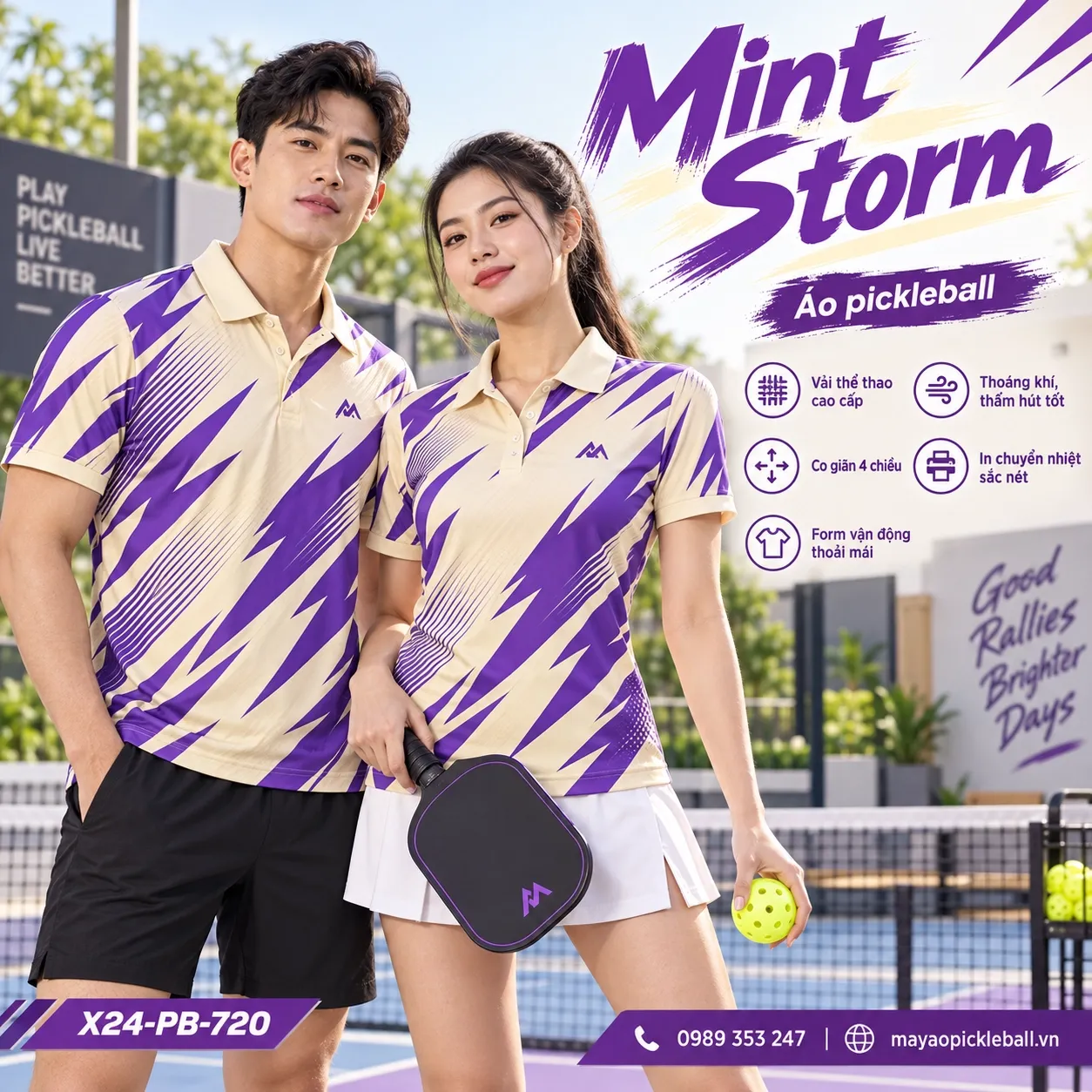 Mẫu áo pickleball Mint Storm phối kem ấm, tím violet, tùy chỉnh logo và tên số cho đội.