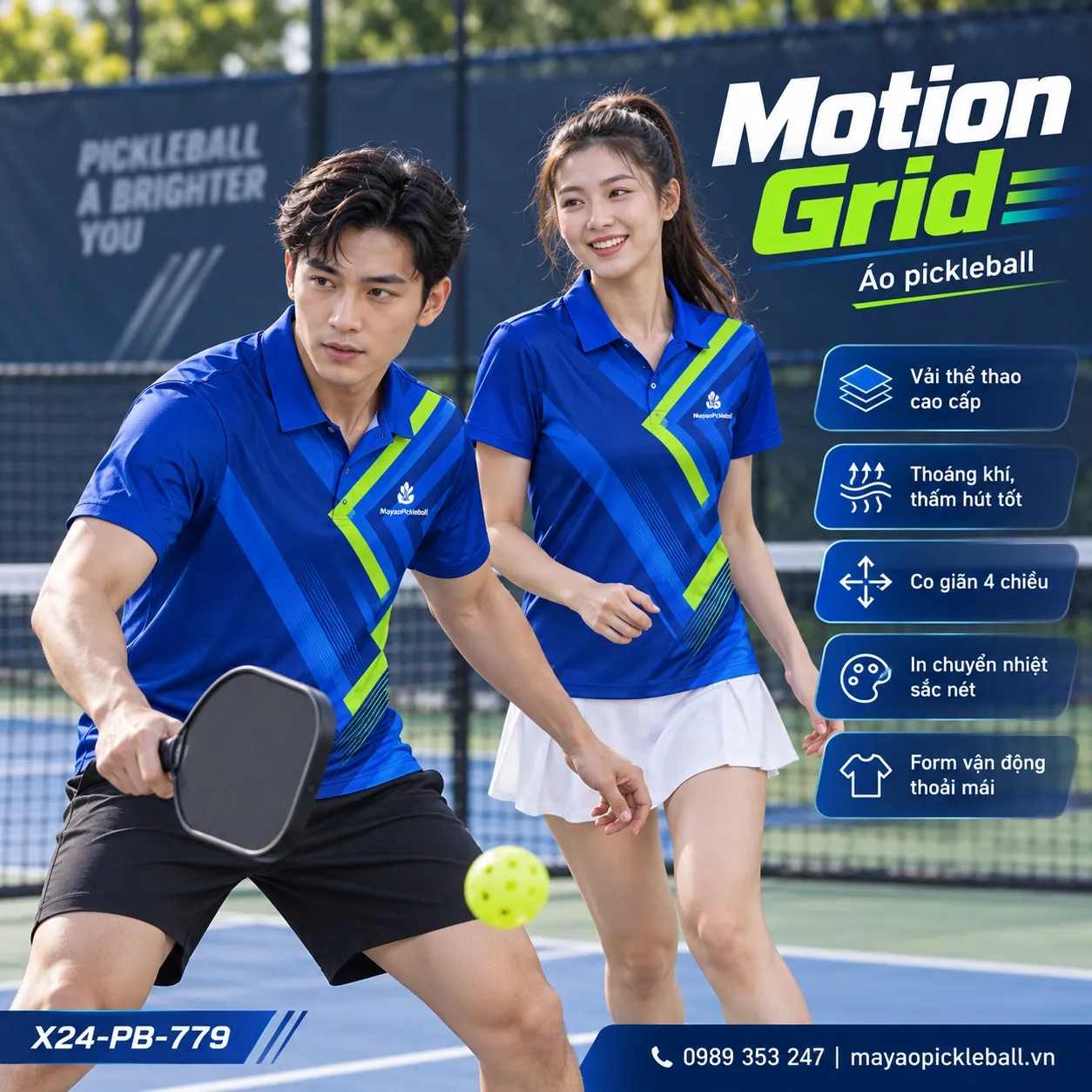 Mẫu áo pickleball Motion Grid phối xanh cobalt, xanh lime, tùy chỉnh logo và tên số cho đội.