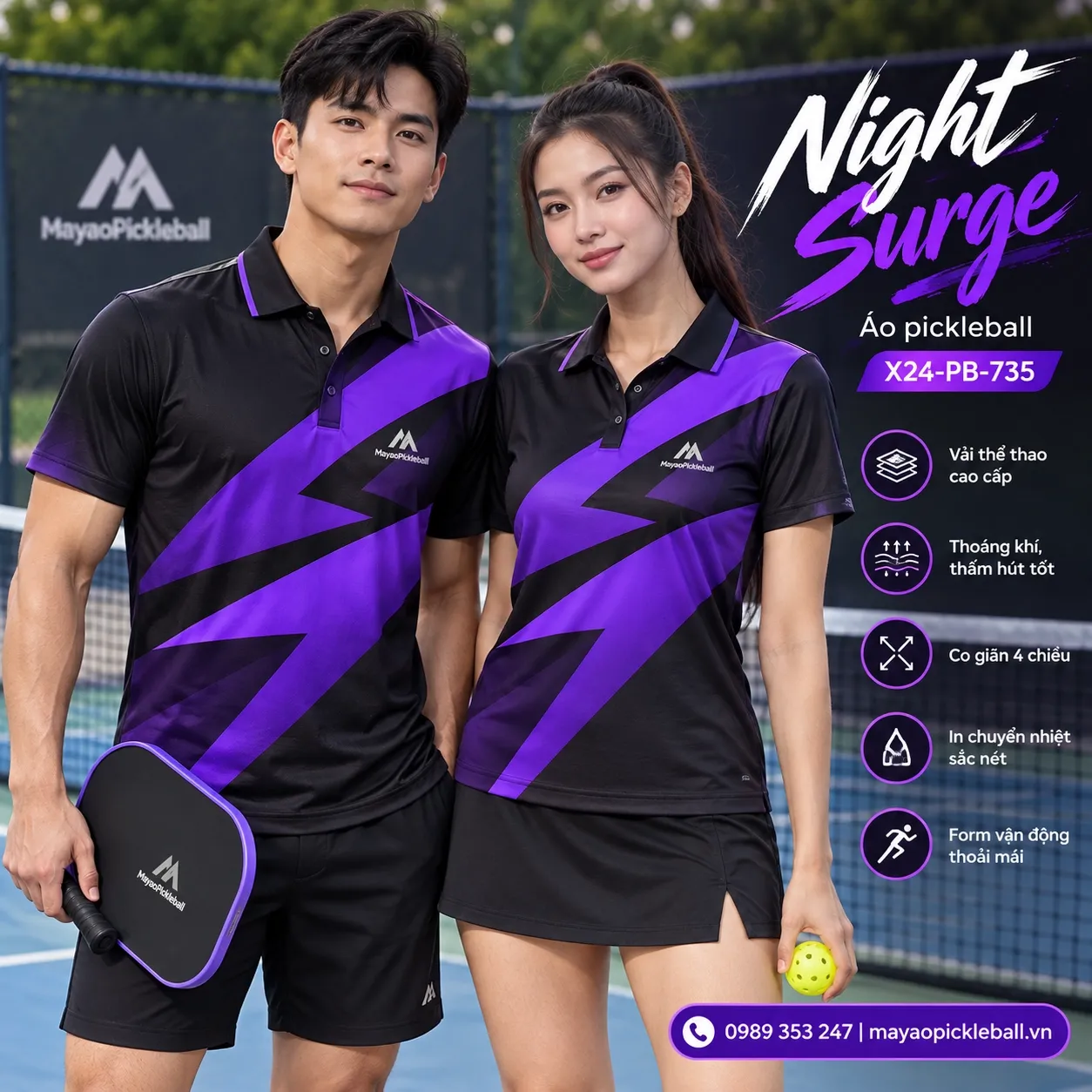 Mẫu áo pickleball Night Surge phối đen, tím ultraviolet, tùy chỉnh logo và tên số cho đội.