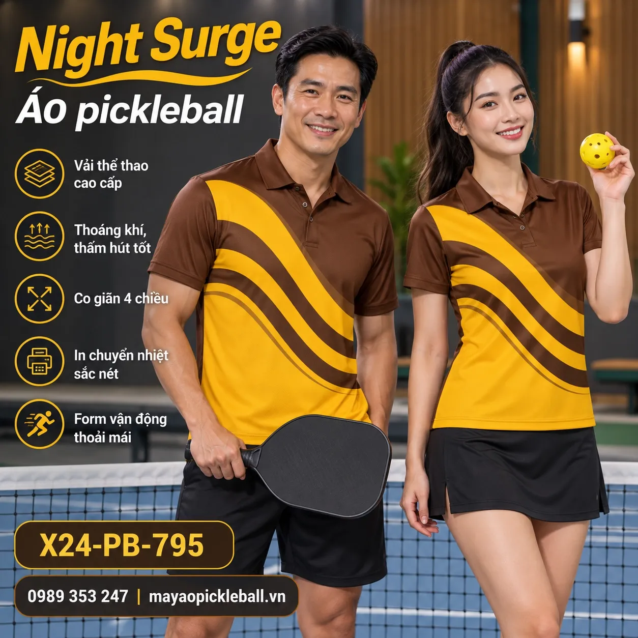 Mẫu áo pickleball Night Surge phối nâu cacao, vàng gold, tùy chỉnh logo và tên số cho đội.