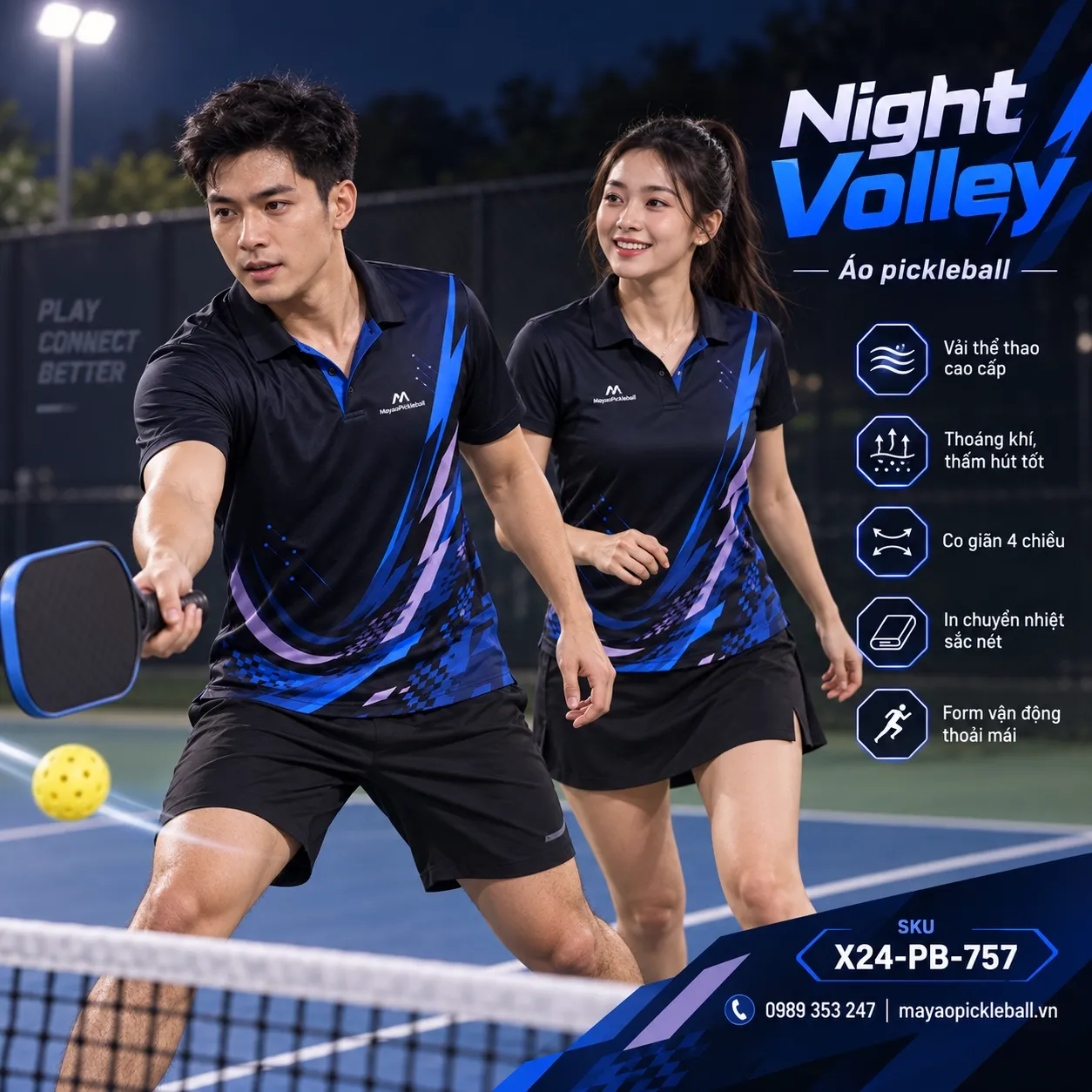 Mẫu áo pickleball Night Volley phối đen, xanh navy đậm, xanh điện, tím lavender, tùy chỉnh logo và tên số cho đội.