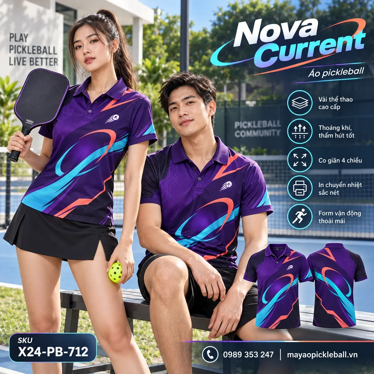 Mẫu áo pickleball Nova Current phối tím đậm, xanh cyan, cam san hô, đen, tùy chỉnh logo và tên số cho đội.