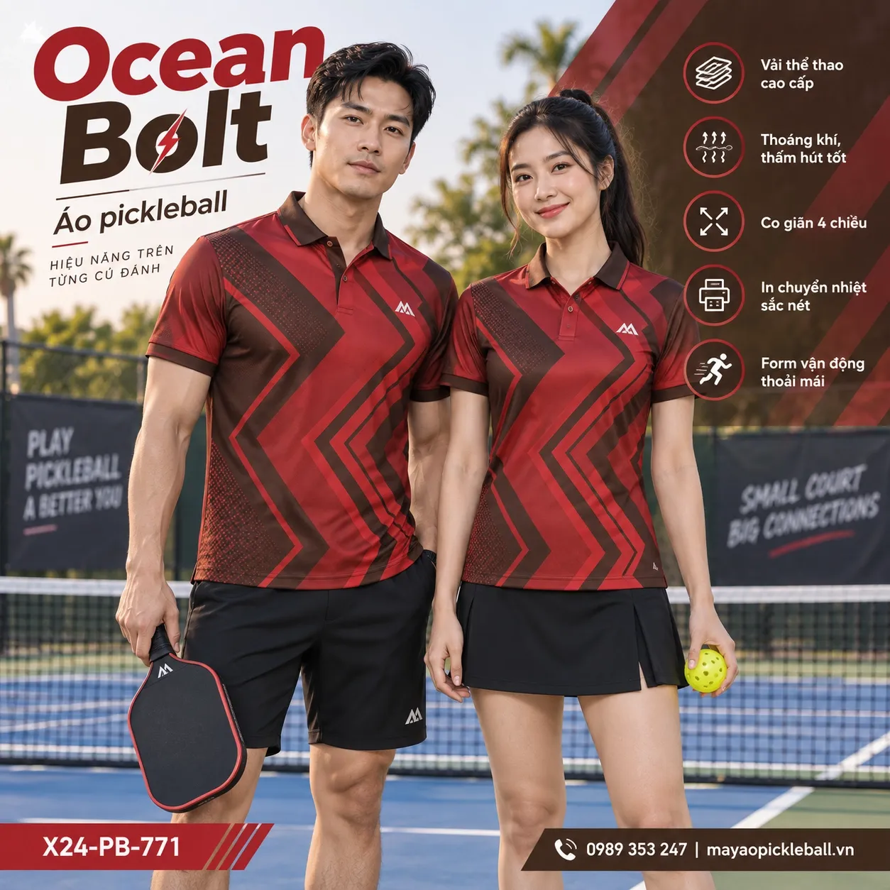Mẫu áo pickleball Ocean Bolt phối đỏ crimson, nâu cacao, tùy chỉnh logo và tên số cho đội.