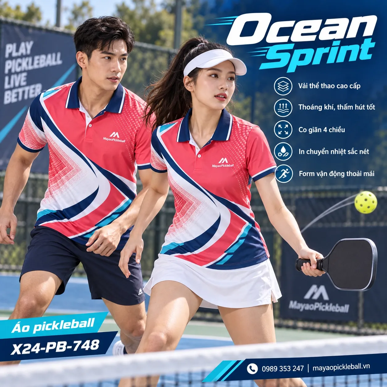 Mẫu áo pickleball Ocean Sprint phối hồng san hô, trắng, xanh navy, xanh cyan, tùy chỉnh logo và tên số cho đội.