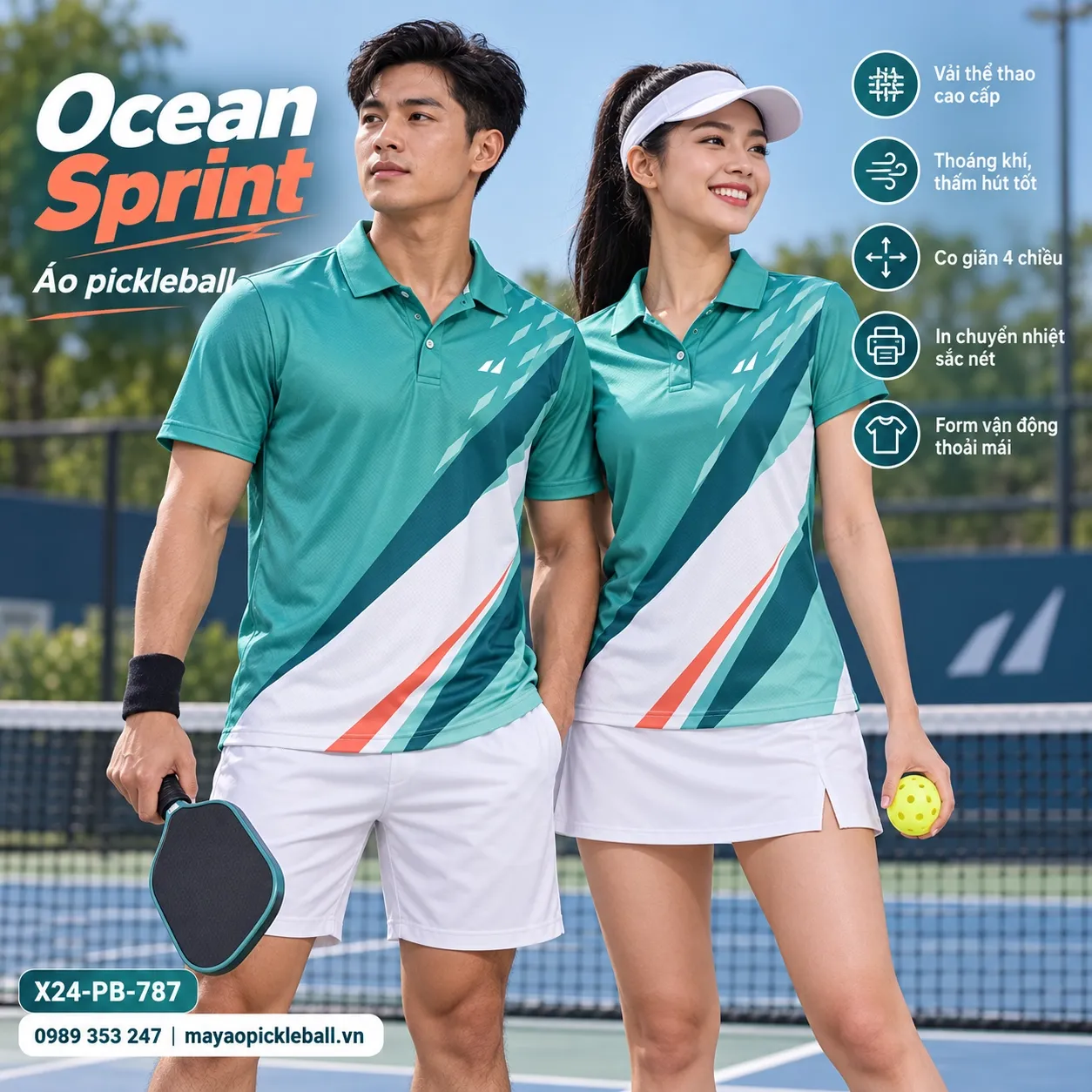 Mẫu áo pickleball Ocean Sprint phối xanh biển ngọc, trắng, xanh teal, cam san hô, tùy chỉnh logo và tên số cho đội.
