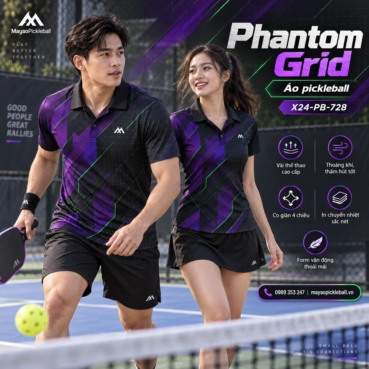 Mẫu áo pickleball Phantom Grid phối xám than, tím đậm, xanh emerald, đen, tùy chỉnh logo và tên số cho đội.