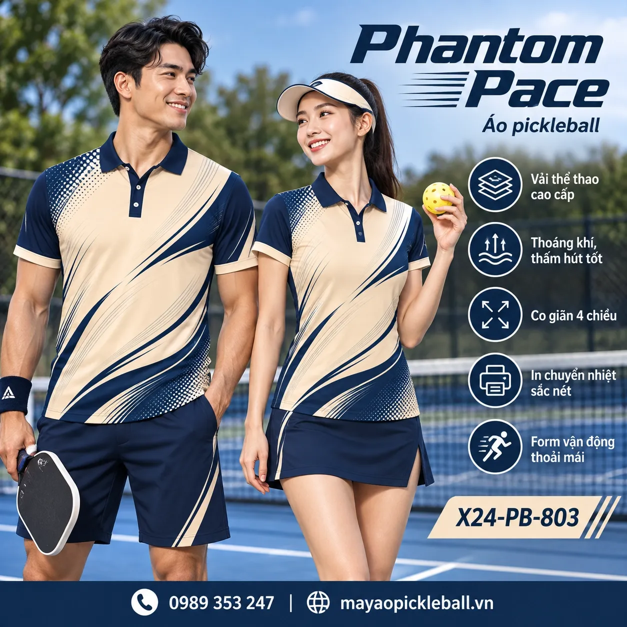 Mẫu áo pickleball Phantom Pace phối kem ấm, xanh navy, tùy chỉnh logo và tên số cho đội.