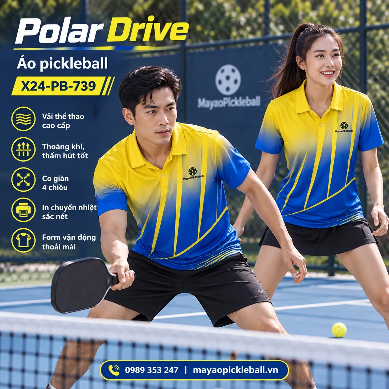 Mẫu áo pickleball Polar Drive phối xanh cobalt, vàng, tùy chỉnh logo và tên số cho đội.