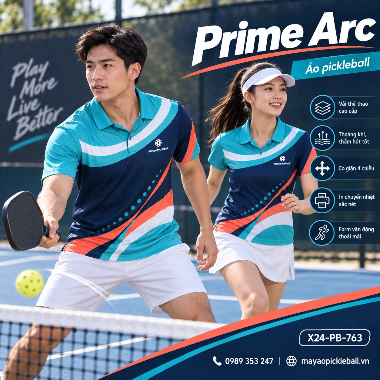 Mẫu áo pickleball Prime Arc phối xanh aqua, xanh navy đậm, đỏ san hô, trắng, tùy chỉnh logo và tên số cho đội.