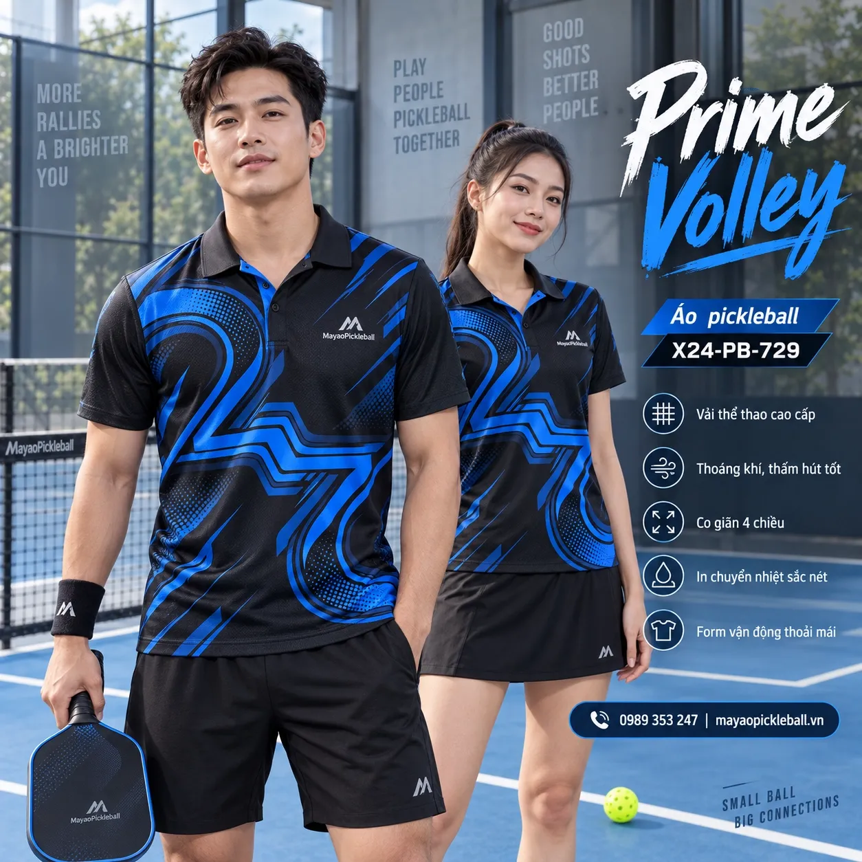 Mẫu áo pickleball Prime Volley phối đen, xanh cobalt, tùy chỉnh logo và tên số cho đội.