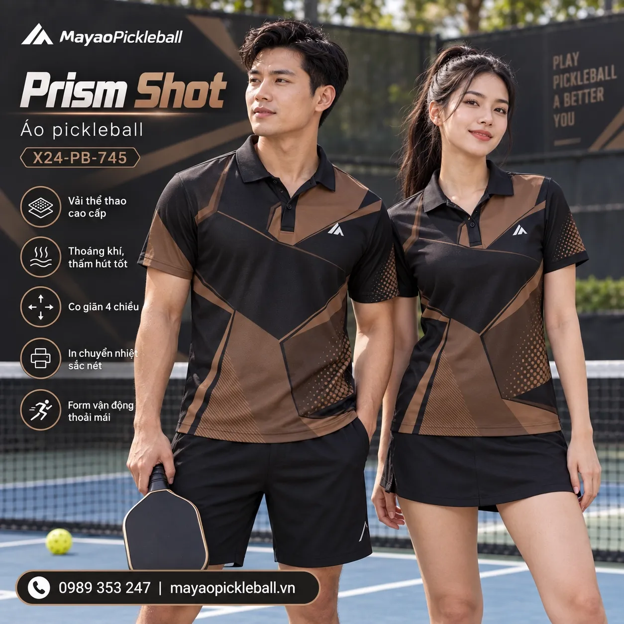 Mẫu áo pickleball Prism Shot phối đen, nâu cacao, tùy chỉnh logo và tên số cho đội.
