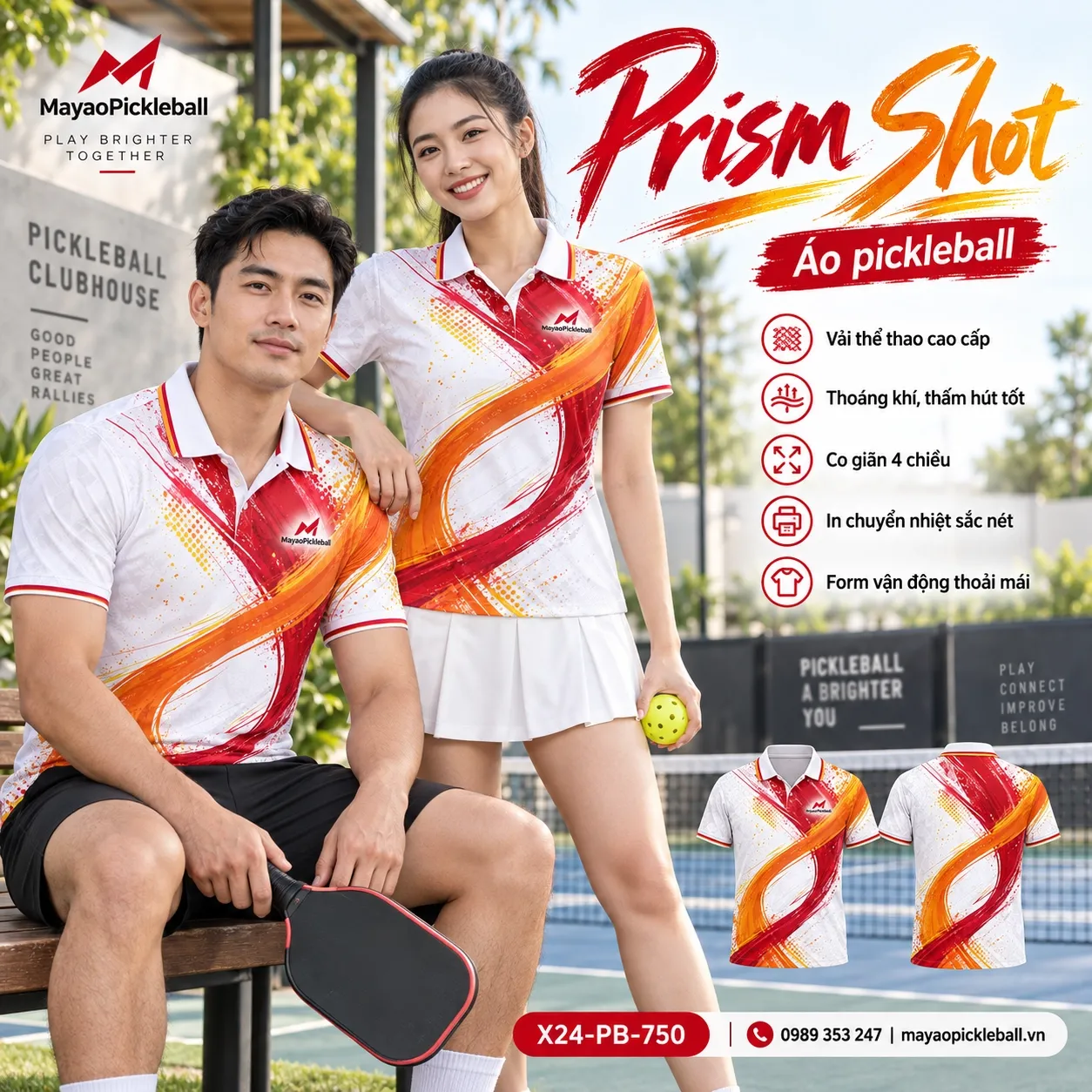 Mẫu áo pickleball Prism Shot phối trắng, đỏ crimson, cam cháy, vàng kim, tùy chỉnh logo và tên số cho đội.