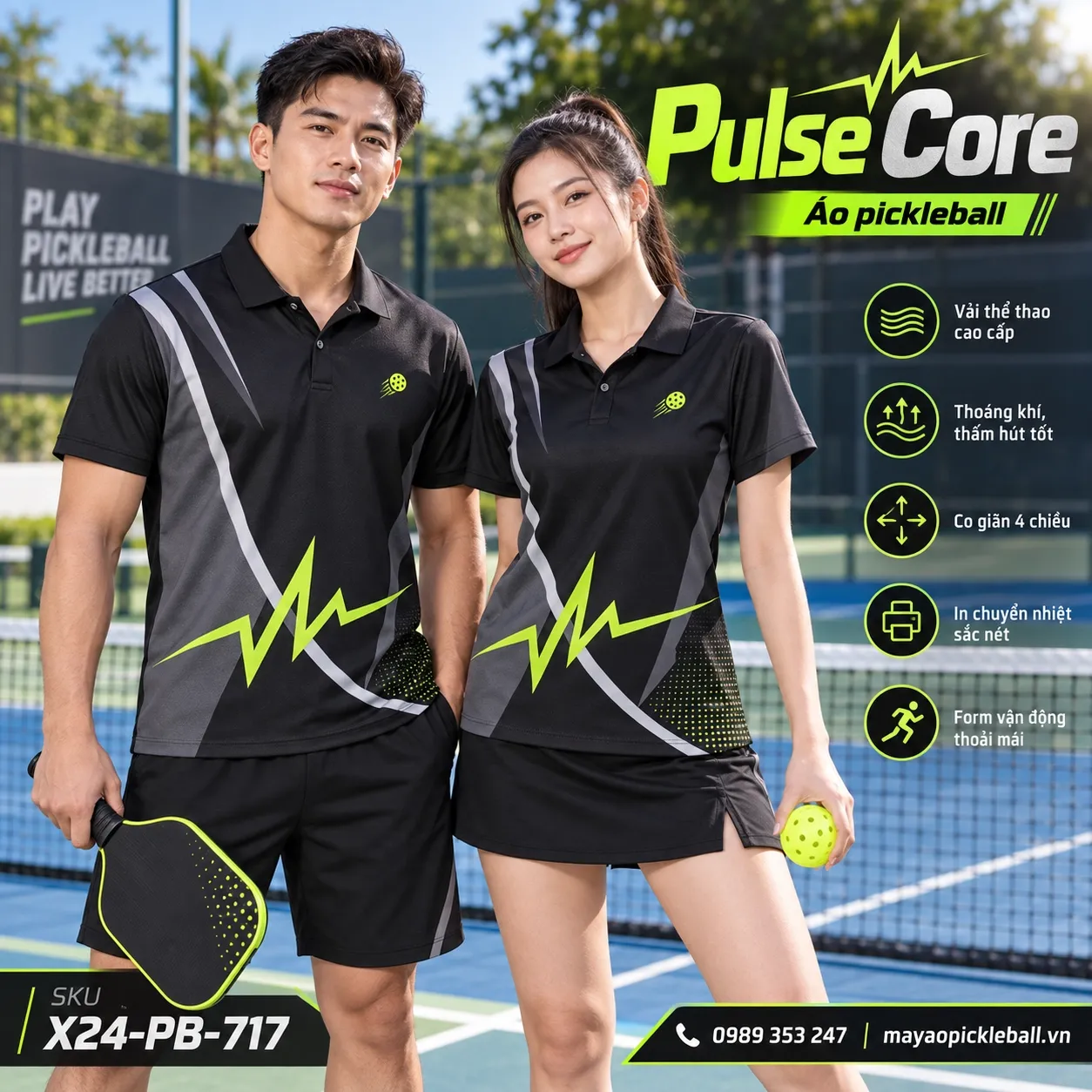 Mẫu áo pickleball Pulse Core phối đen, xám graphite, xanh lime, xám bạc, tùy chỉnh logo và tên số cho đội.