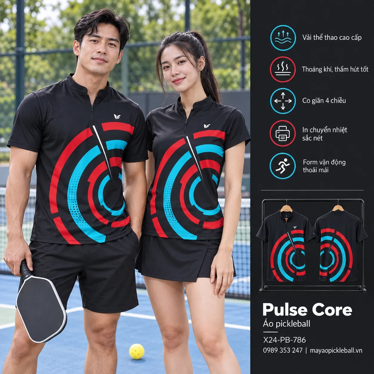Mẫu áo pickleball Pulse Core phối xám than, đỏ crimson, xanh cyan, trắng, tùy chỉnh logo và tên số cho đội.