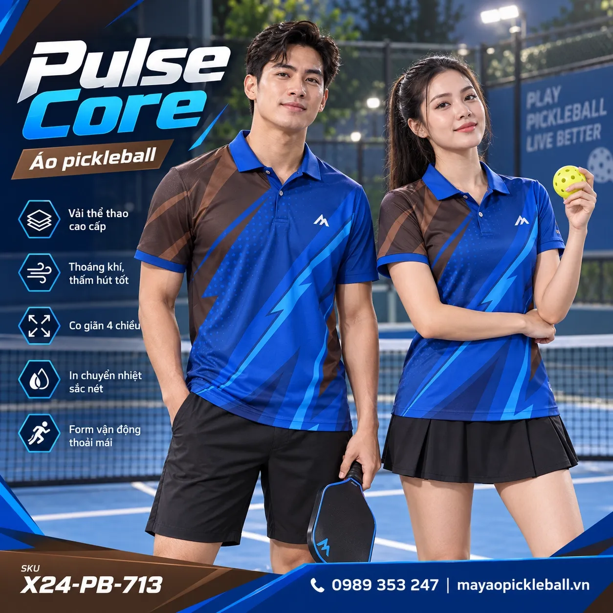 Mẫu áo pickleball Pulse Core phối xanh cobalt, nâu cacao, tùy chỉnh logo và tên số cho đội.