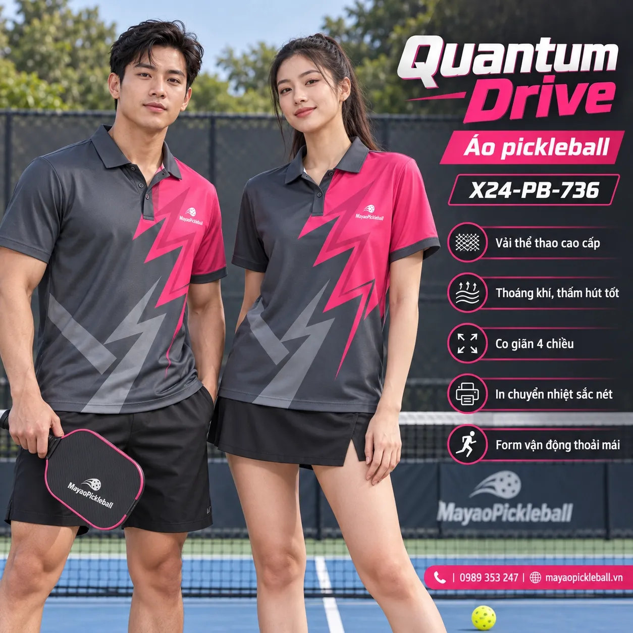 Mẫu áo pickleball Quantum Drive phối xám graphite, hồng raspberry, tùy chỉnh logo và tên số cho đội.