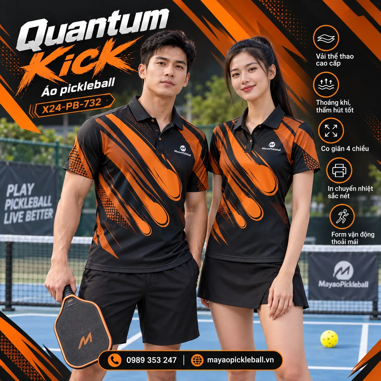 Mẫu áo pickleball Quantum Kick phối đen, cam cháy, tùy chỉnh logo và tên số cho đội.