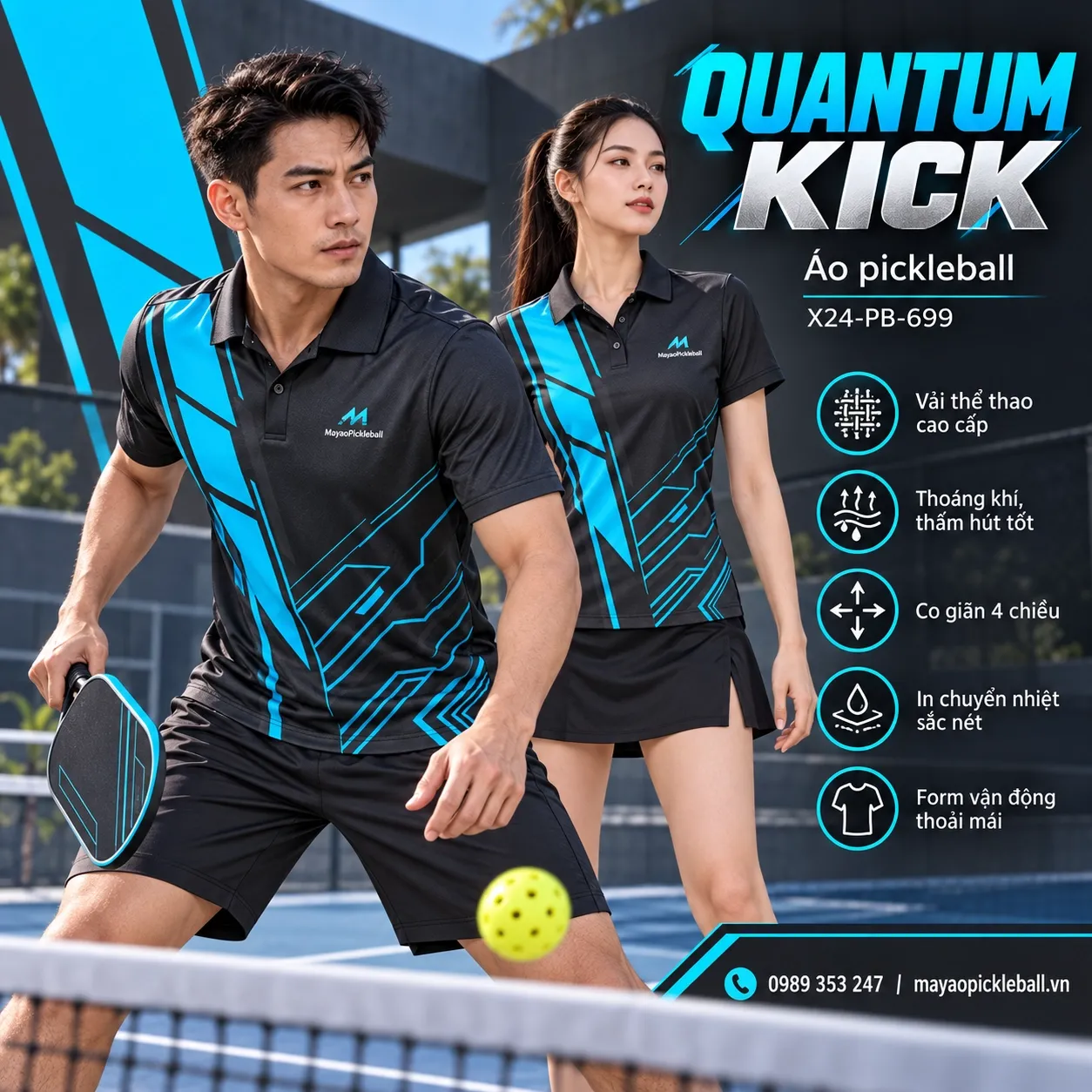Mẫu áo pickleball Quantum Kick phối xám than, xanh cyan, tùy chỉnh logo và tên số cho đội.