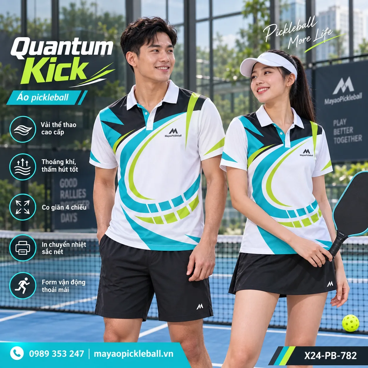 Mẫu áo pickleball Quantum Kick phối xanh turquoise, xanh lime, đen, trắng, tùy chỉnh logo và tên số cho đội.