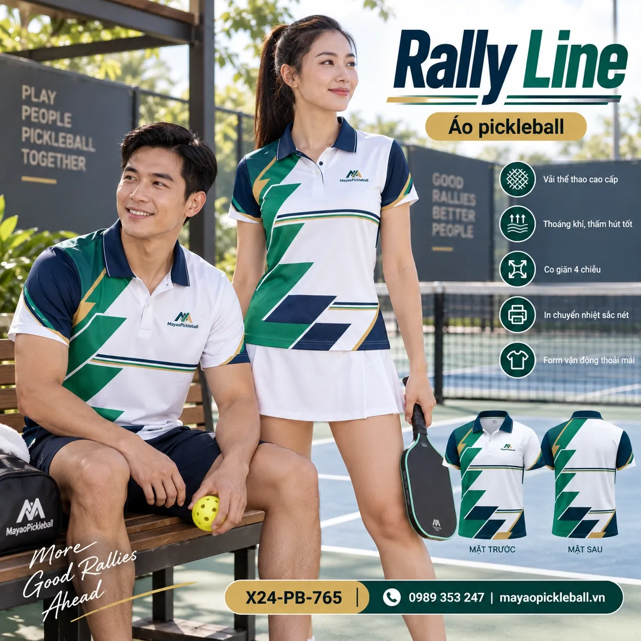 Mẫu áo pickleball Rally Line phối xanh emerald, trắng, xanh navy đậm, vàng gold, tùy chỉnh logo và tên số cho đội.