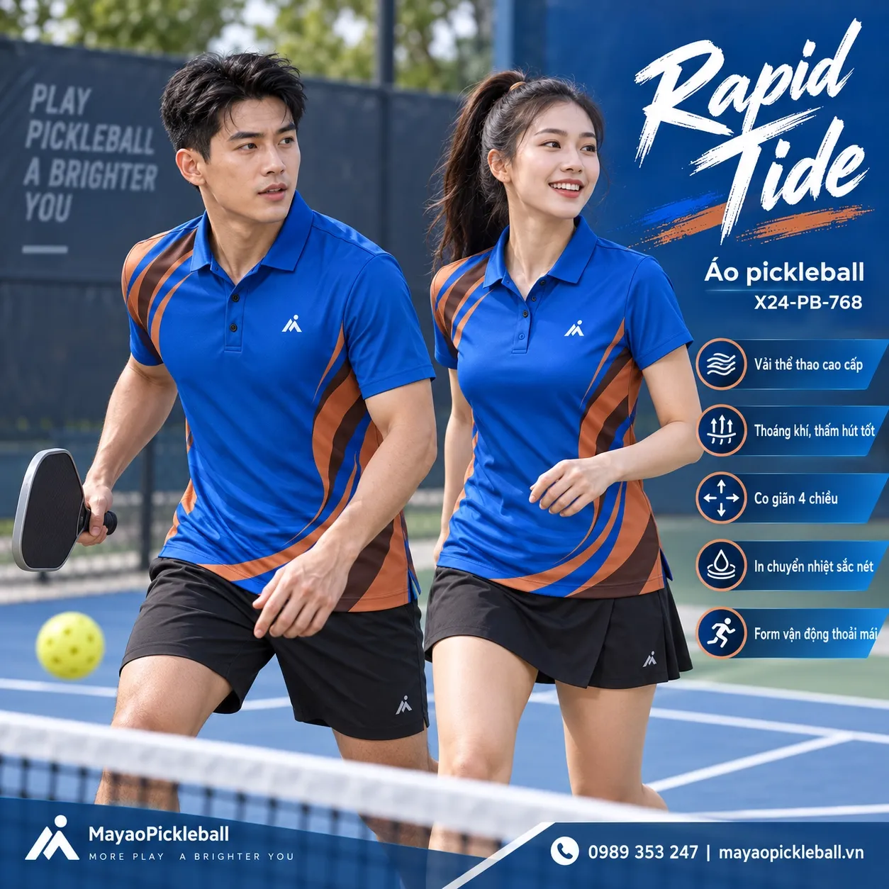Mẫu áo pickleball Rapid Tide phối xanh cobalt, nâu terracotta, nâu espresso, tùy chỉnh logo và tên số cho đội.