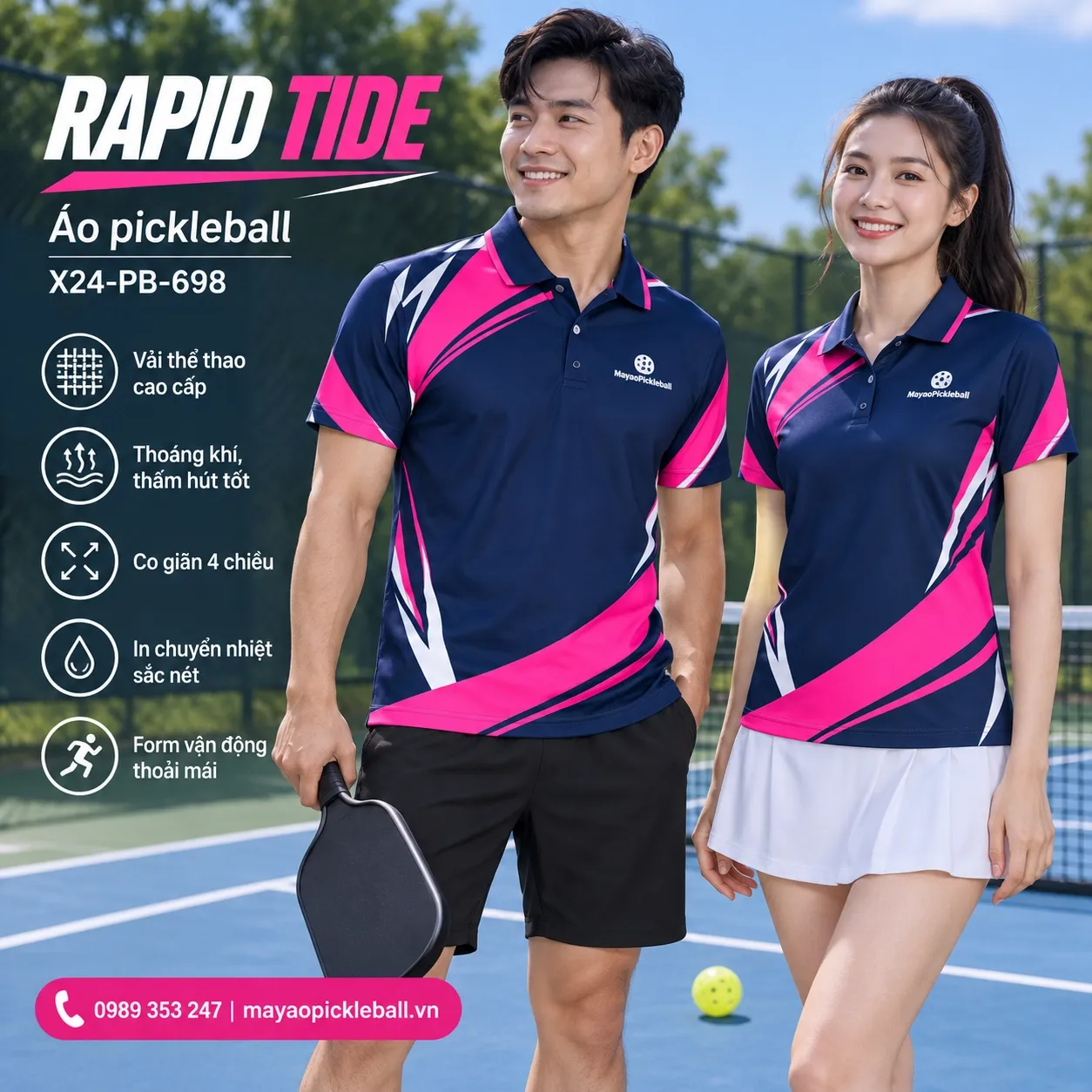 Mẫu áo pickleball Rapid Tide phối xanh navy, hồng, tùy chỉnh logo và tên số cho đội.