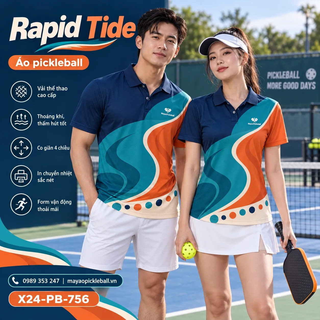 Mẫu áo pickleball Rapid Tide phối xanh teal, cam cháy, xanh navy, kem, tùy chỉnh logo và tên số cho đội.