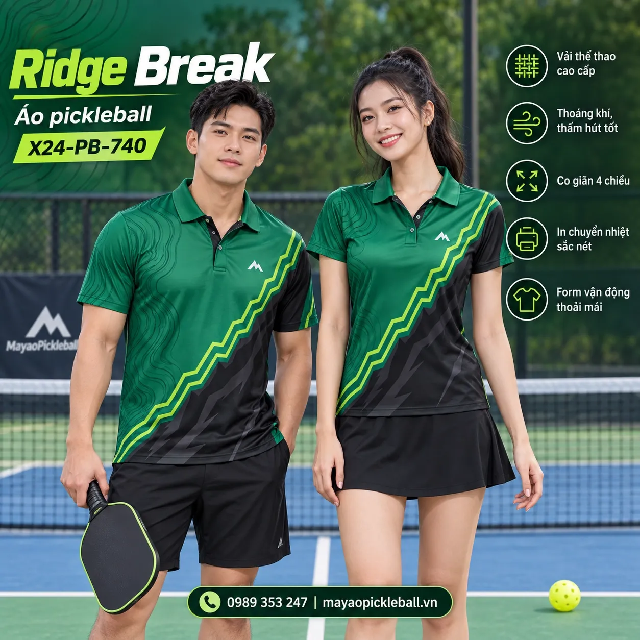 Mẫu áo pickleball Ridge Break phối xanh emerald, đen, xanh lime, tùy chỉnh logo và tên số cho đội.