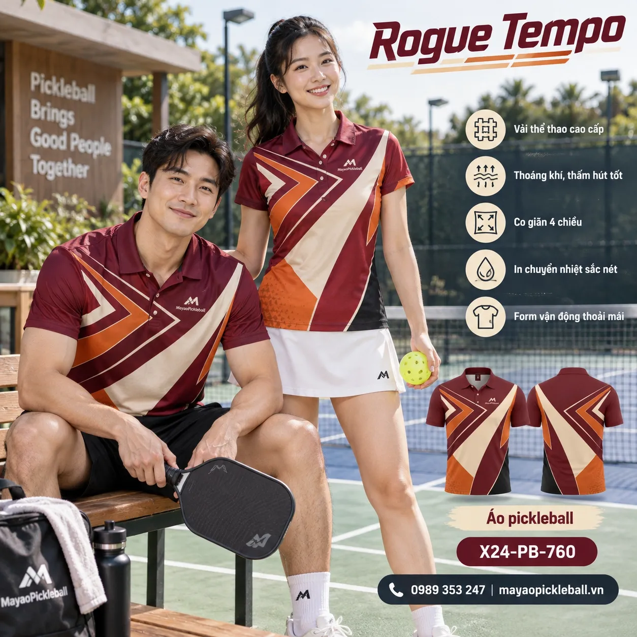 Mẫu áo pickleball Rogue Tempo phối đỏ burgundy, cam cháy, kem, đen, tùy chỉnh logo và tên số cho đội.