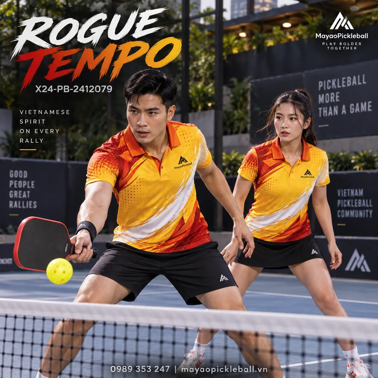 Mẫu áo pickleball Rogue Tempo phối vàng kim, trắng, đỏ crimson, cam cháy, tùy chỉnh logo và tên số cho đội.